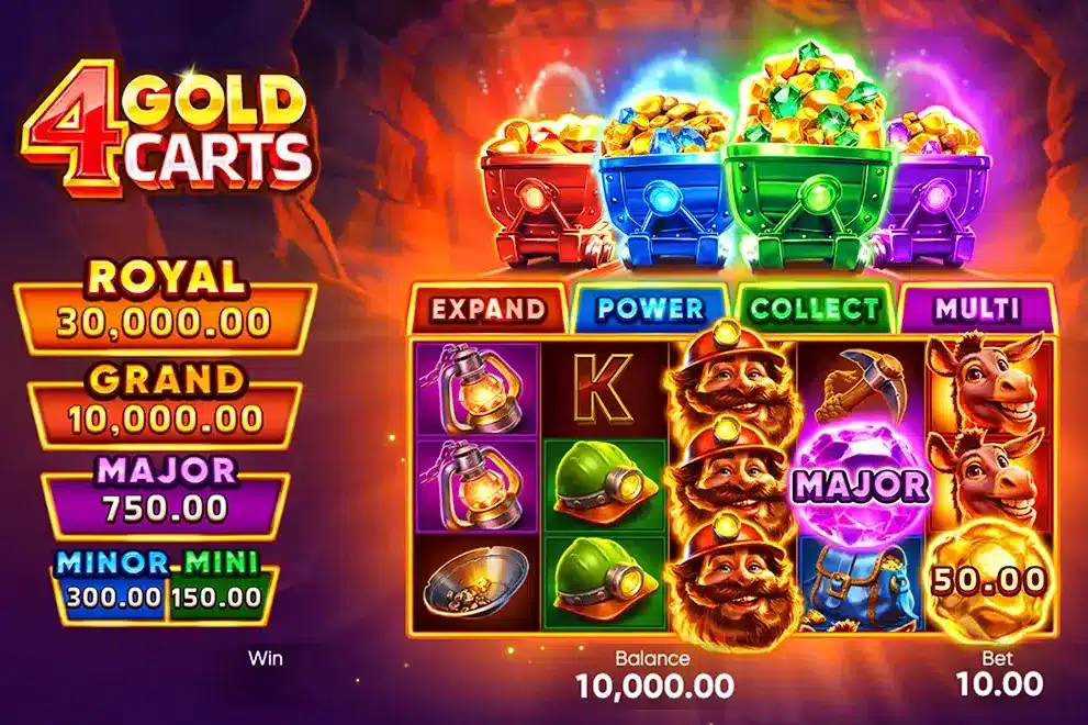 4 Gold Carts Slot base game with four feature carts and five jackpot tiers 4 Gold Carts Slot base game with four feature carts and five jackpot tiers