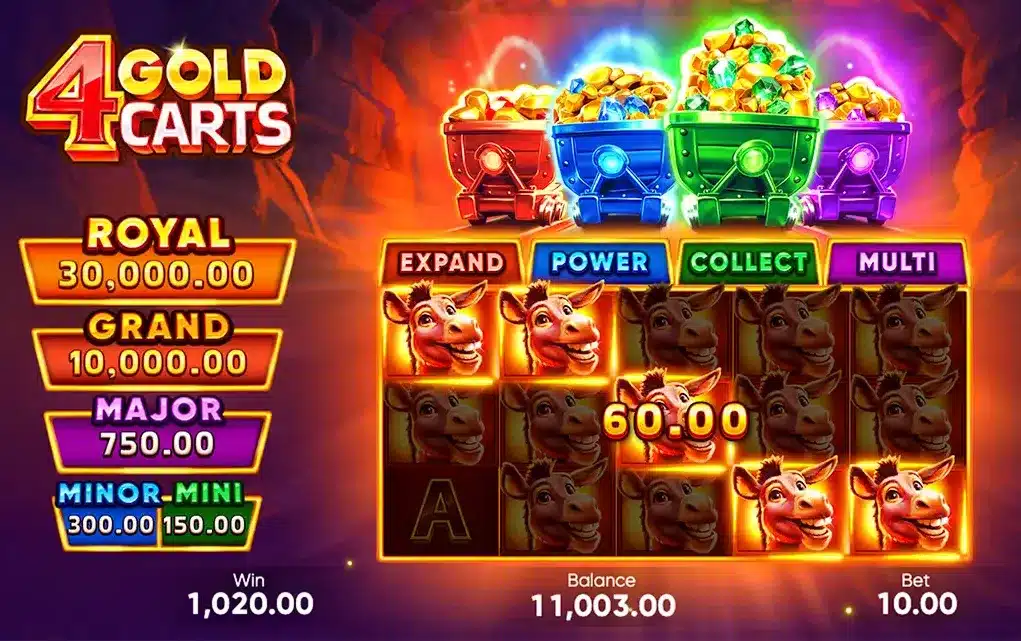 4 Gold Carts Slot highlighted donkey-symbol winning combinations on the base-game grid 4 Gold Carts Slot highlighted donkey-symbol winning combinations on the base-game grid