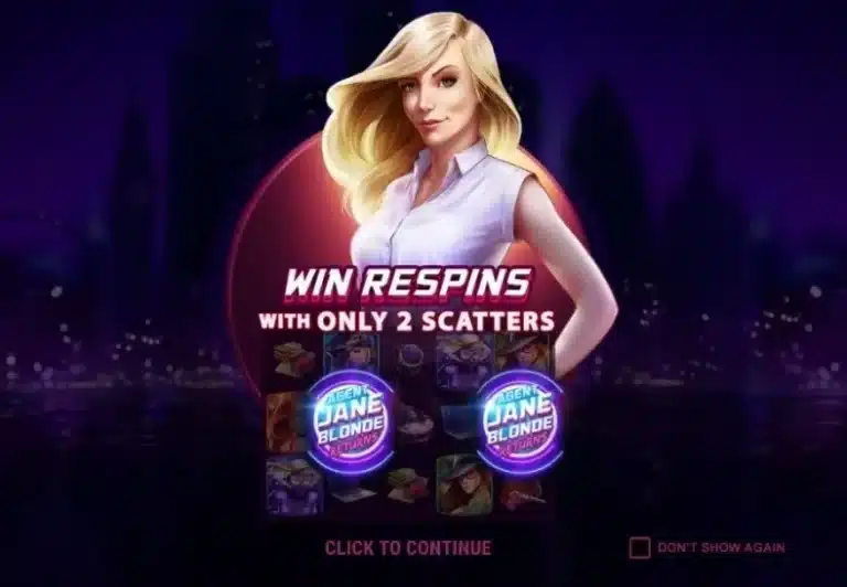 Agent Jane Blonde Returns Slot intro screen explaining the two-Scatter respin trigger