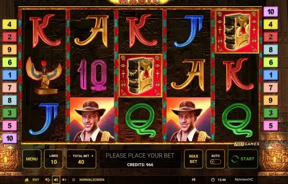 Book of Ra Magic Slot game screenshot with Egyptian symbols and game controls Book of Ra Magic Slot game screenshot with Egyptian symbols and game controls