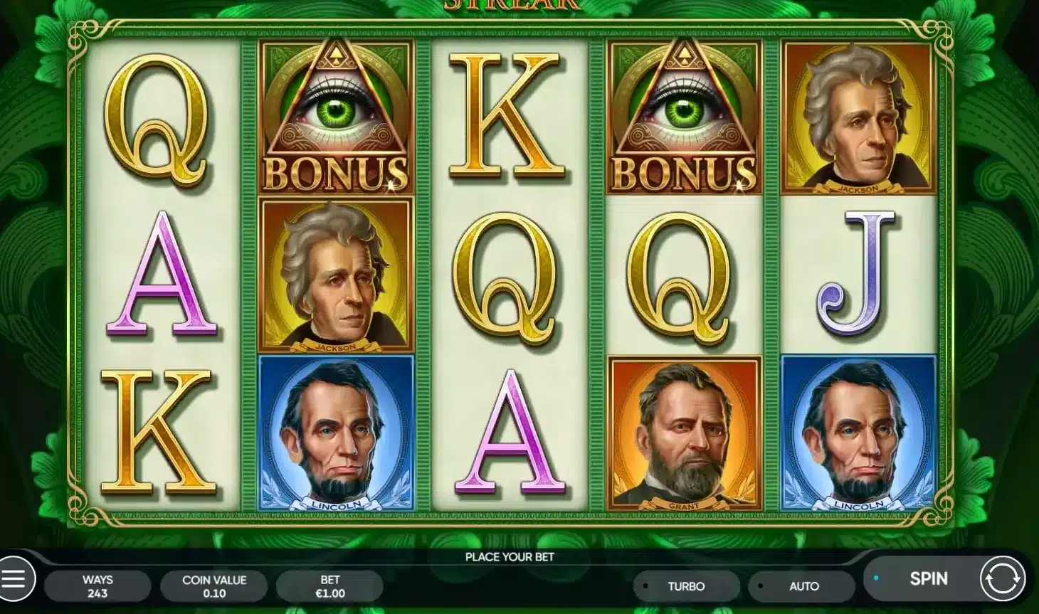 Cash Streak Slot five-reel base game with portrait symbols and pyramid Scatters Cash Streak Slot five-reel base game with portrait symbols and pyramid Scatters