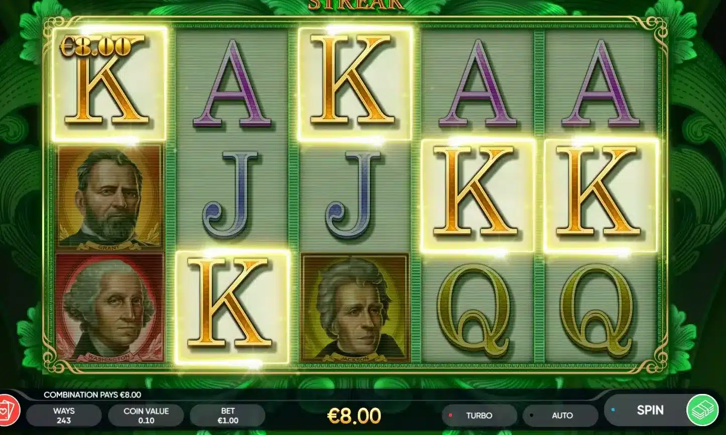 Cash Streak Slot highlighted king-symbol winning combination on the 243-way grid Cash Streak Slot highlighted king-symbol winning combination on the 243-way grid