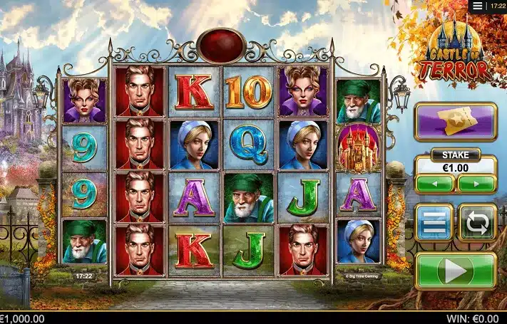 Castle of Terror Slot gameplay showing six reels, character symbols and spin controls Castle of Terror Slot gameplay showing six reels, character symbols and spin controls