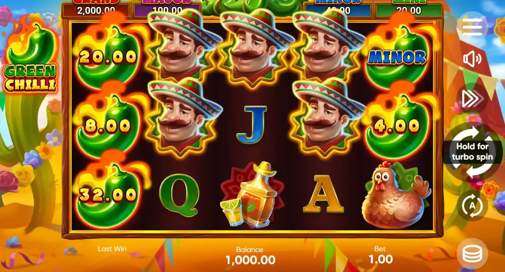 Green Chilli Slot five-reel grid with Wild characters and Green Chilli Bonus symbols Green Chilli Slot five-reel grid with Wild characters and Green Chilli Bonus symbols
