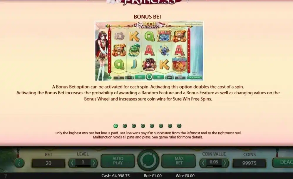 Koi Princess Slot Bonus Bet rules showing the doubled spin cost Koi Princess Slot Bonus Bet rules showing the doubled spin cost
