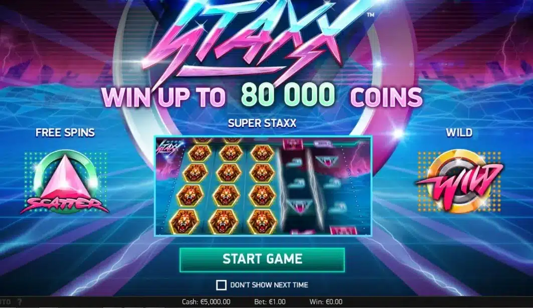 Neon Staxx Slot introduction showing SuperStaxx, Scatter and Wild symbols Neon Staxx Slot introduction showing SuperStaxx, Scatter and Wild symbols