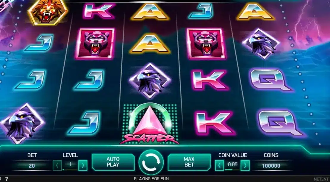 Neon Staxx Slot base-game grid with neon animal symbols and one triangle Scatter Neon Staxx Slot base-game grid with neon animal symbols and one triangle Scatter