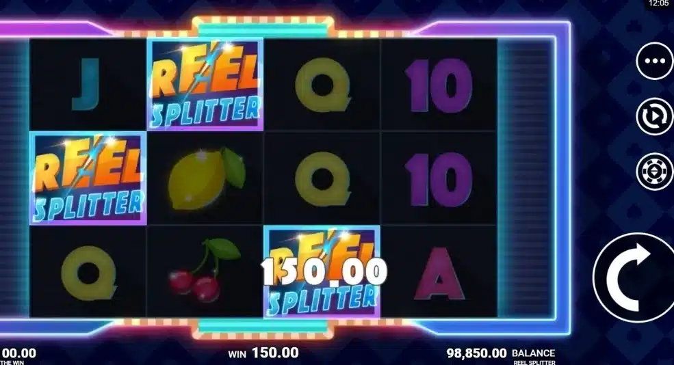 Reel Splitter Slot base-game result with logo symbols and the win display Reel Splitter Slot base-game result with logo symbols and the win display