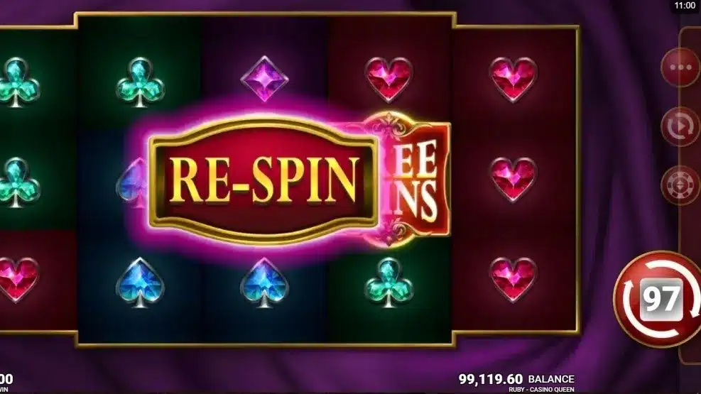 Ruby Casino Queen Slot second-chance respin screen with a Free Spins symbol Ruby Casino Queen Slot second-chance respin screen with a Free Spins symbol