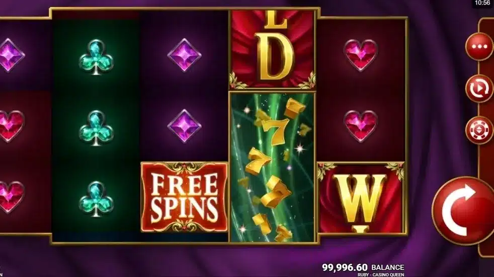 Ruby Casino Queen Slot base-game reels with Wild, Free Spins and gem symbols Ruby Casino Queen Slot base-game reels with Wild, Free Spins and gem symbols