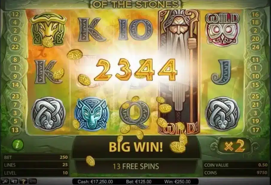 Secret of the Stones Slot bonus win screen with an animal Wild and 2x multiplier Secret of the Stones Slot bonus win screen with an animal Wild and 2x multiplier