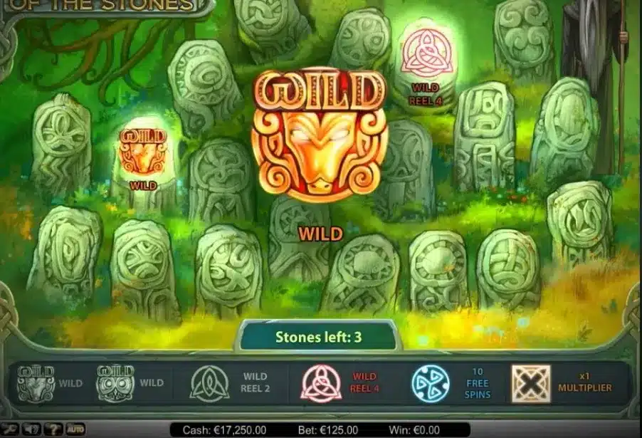 Secret of the Stones Slot stone-picking bonus showing Wild Reel 4 and Bull Wild rewards Secret of the Stones Slot stone-picking bonus showing Wild Reel 4 and Bull Wild rewards