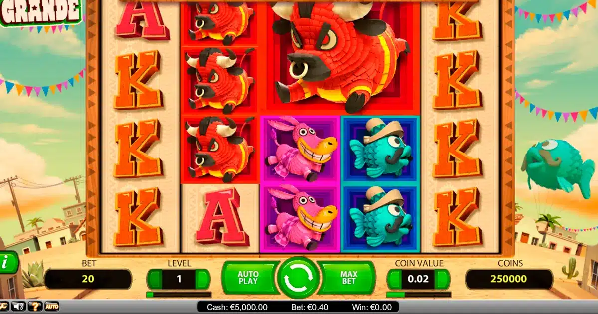 Spinata Grande Slot base game showing a colossal bull symbol and stacked animal pinatas Spinata Grande Slot base game showing a colossal bull symbol and stacked animal pinatas