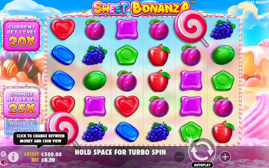 Sweet Bonanza Slot six-by-five grid with fruit, candy and lollipop Scatter symbols Sweet Bonanza Slot six-by-five grid with fruit, candy and lollipop Scatter symbols