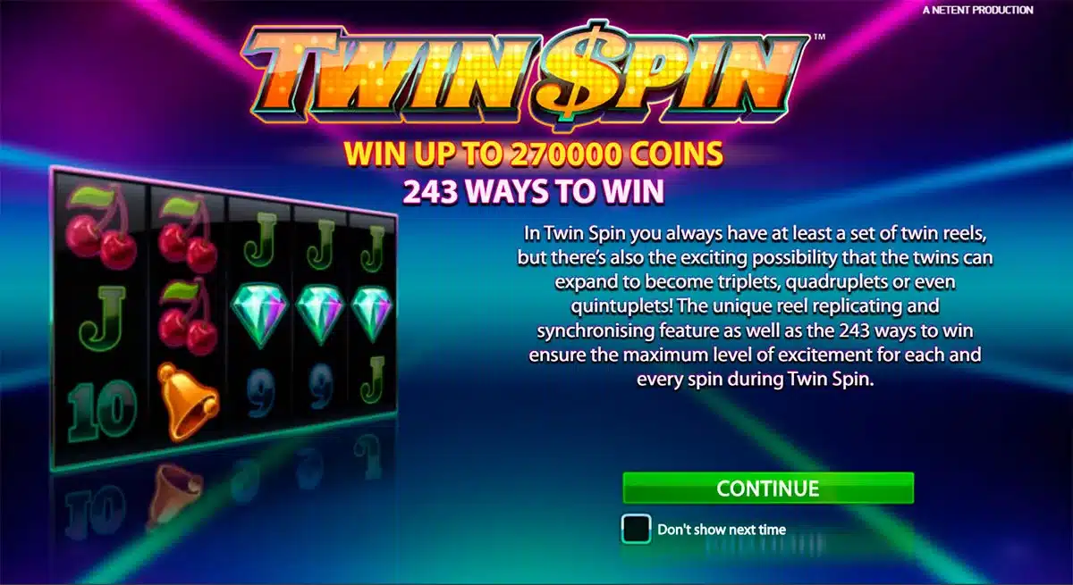 Twin Spin Slot introduction screen explaining linked reels and 243 ways to win