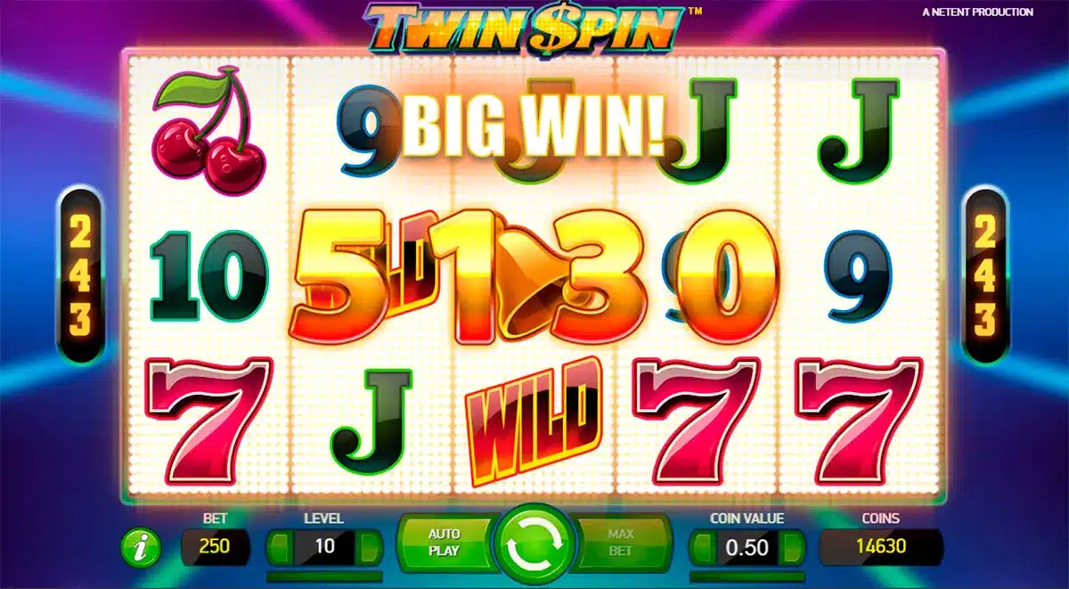 Twin Spin Slot Big Win screen with retro symbols and bet-level controls Twin Spin Slot Big Win screen with retro symbols and bet-level controls