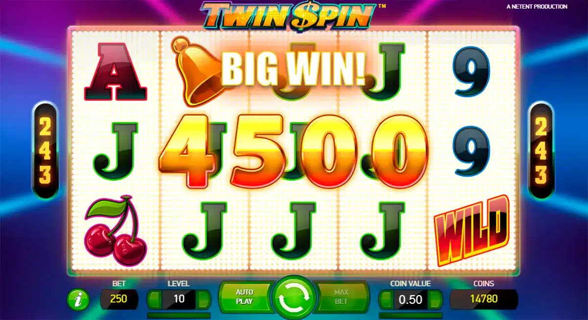 Twin Spin Slot reel result showing matching J symbols, a Wild and the Big Win display Twin Spin Slot reel result showing matching J symbols, a Wild and the Big Win display
