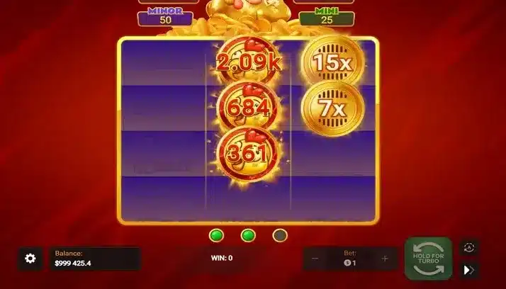 Chicken Coin Slot Hold and Win bonus screen with Chicken Coin collectors and prize values Chicken Coin Slot Hold and Win bonus screen with Chicken Coin collectors and prize values