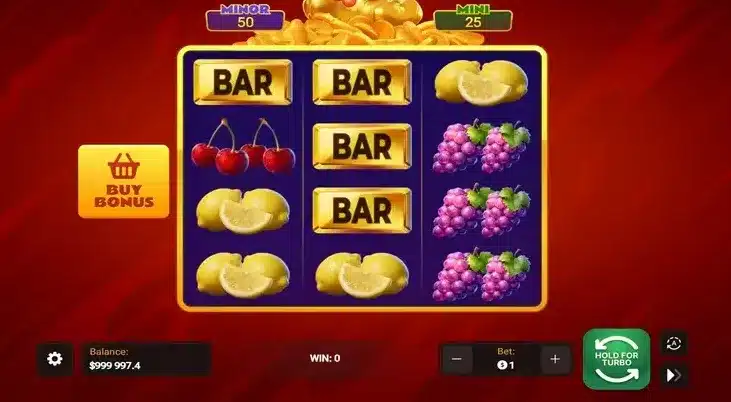 Chicken Coin Slot base-game reels showing BAR and fruit symbols with the Bonus Buy control Chicken Coin Slot base-game reels showing BAR and fruit symbols with the Bonus Buy control