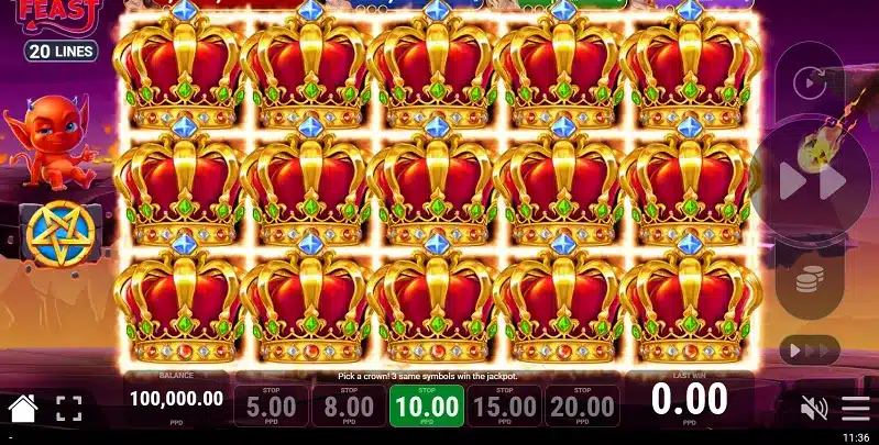 Devil’s Feast Slot crown-filled jackpot interaction screen with twenty lines Devil’s Feast Slot crown-filled jackpot interaction screen with twenty lines