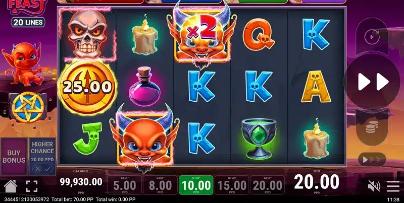 Devil’s Feast Slot base-game result with a Double Wild and highlighted devil symbols Devil’s Feast Slot base-game result with a Double Wild and highlighted devil symbols