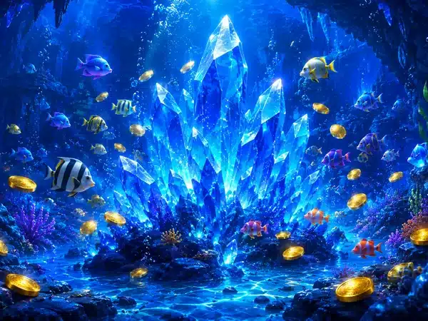 Decorative underwater fantasy scene with blue crystals, fish and gold coins