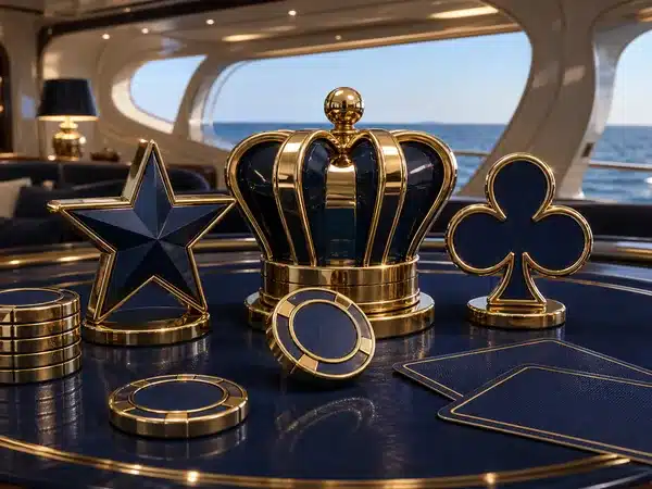 Decorative black-and-gold crown, star, club symbol and chips on a yacht table