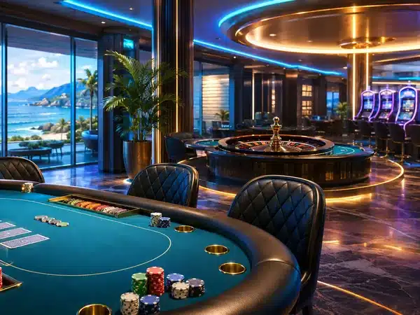 Decorative seaside gaming lounge with a green card table and roulette wheel