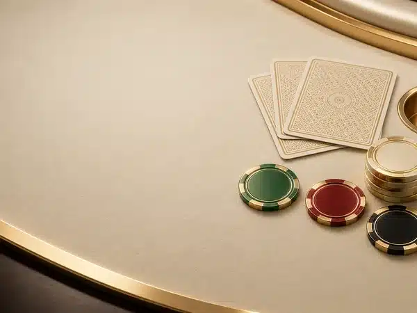 Decorative playing cards and casino chips on a cream table