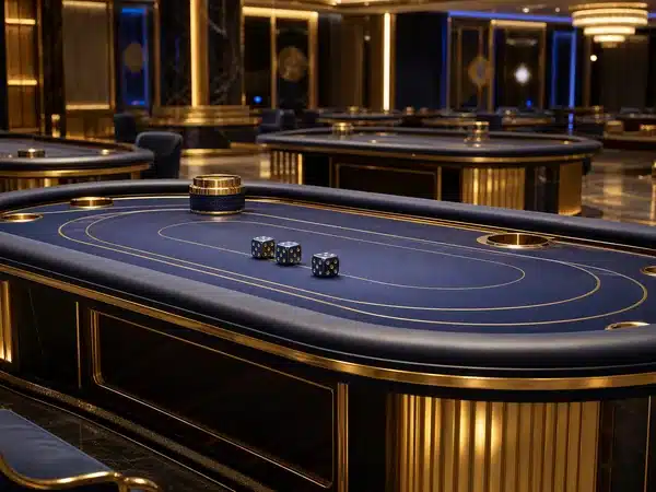 Decorative blue gaming table in a casino interior