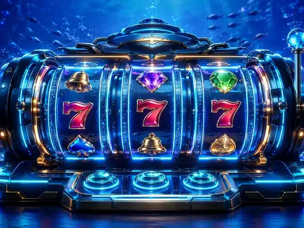 Decorative underwater-themed slot reels with gems and sevens