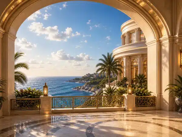Decorative seaside terrace with a stone arch and palm trees