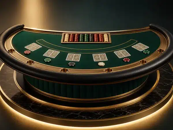 Decorative green casino table with chips and face-down cards