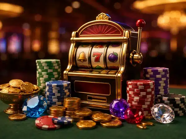 Decorative miniature slot machine surrounded by chips and coins