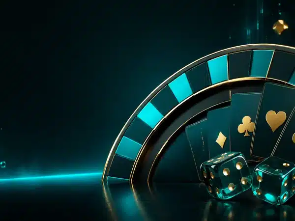 Decorative teal gaming wheel, playing cards and dice