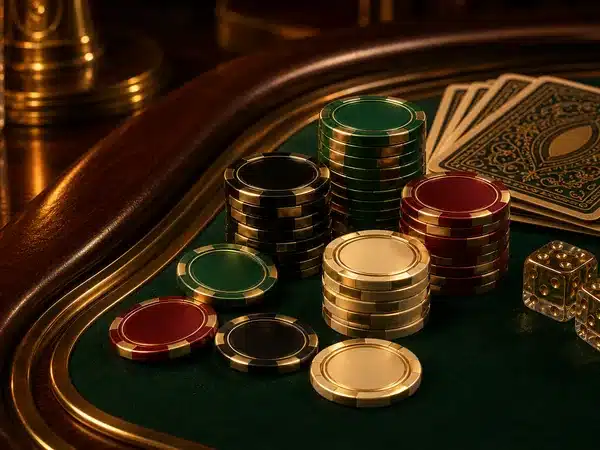 Decorative stacks of coloured gaming chips with cards and dice