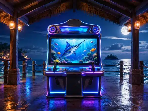 Decorative fishing arcade machine beside a moonlit waterfront