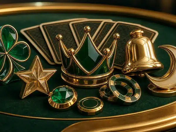 Decorative green crown, gold symbols and playing cards