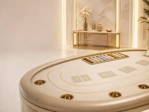 Decorative cream card table with chips in a bright lounge