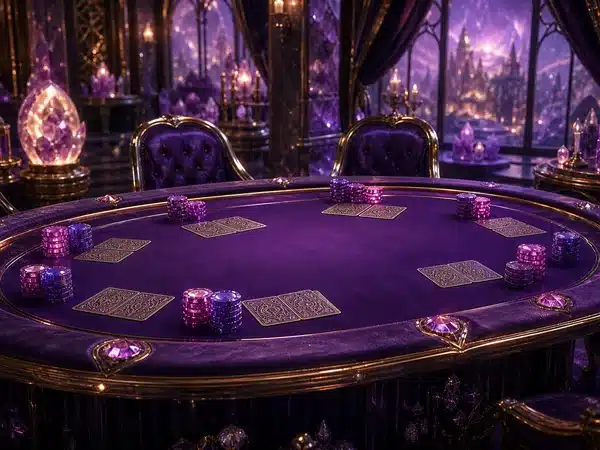 Decorative purple card table with chips and crystal ornaments