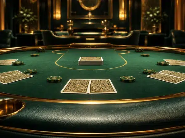Playing cards and chips on a green casino table