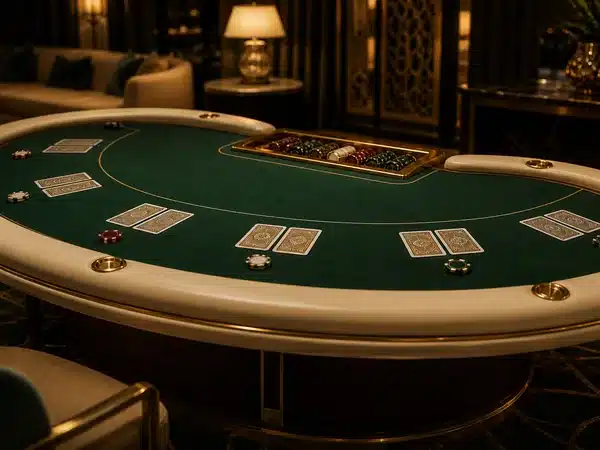 Green card table with chips in an illustrated lounge