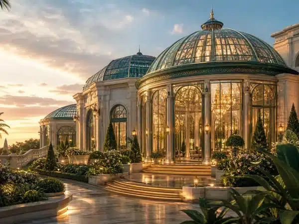 Glass-domed resort building at sunset
