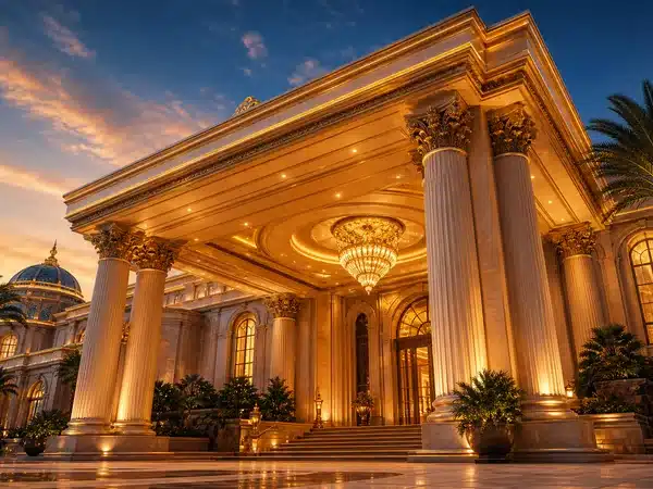 Decorative resort entrance with illuminated columns at dusk