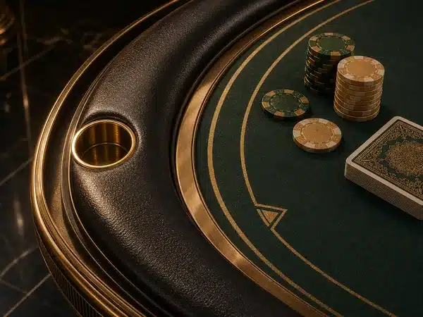Decorative casino table with stacks of chips and playing cards