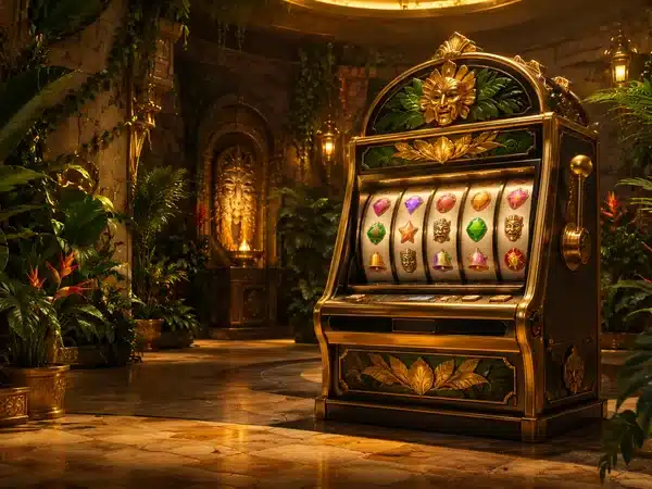 Decorative golden slot machine in a plant-filled hall