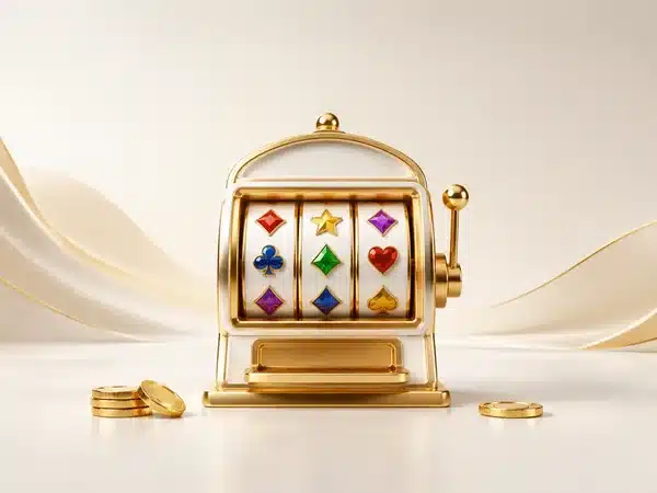 Decorative miniature gold slot machine with coloured symbols
