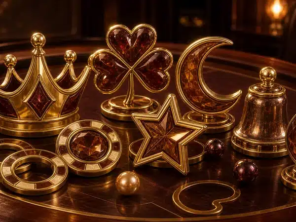 Decorative golden crown, clover, star and bell symbols