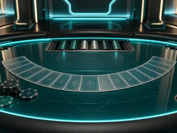 Decorative teal card table with face-down cards and chips