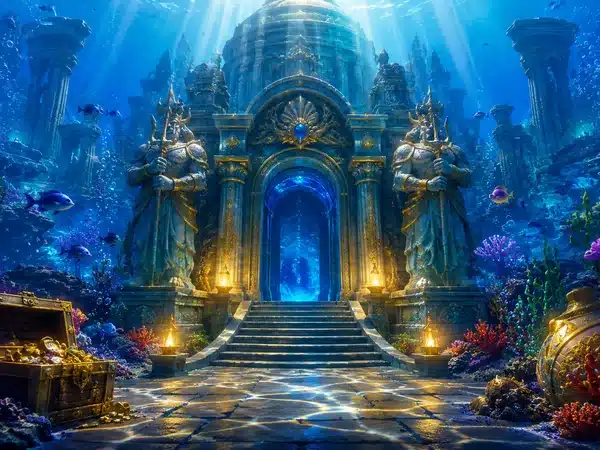 Decorative underwater fantasy palace and treasure scene